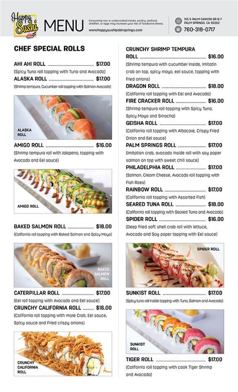 Menu added by users February 01, 2023 Menu added by the restaurant owner The restaurant information including the Happy Sushi menu items and prices may have been modified since the last website update.
